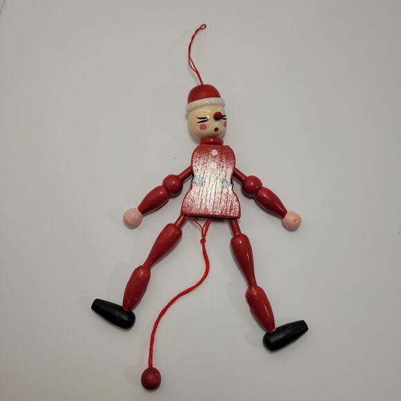 Vintage Wood Jumping Jack Santa Claus Jester Pull String Christmas Ornament - Picture 3 of 3